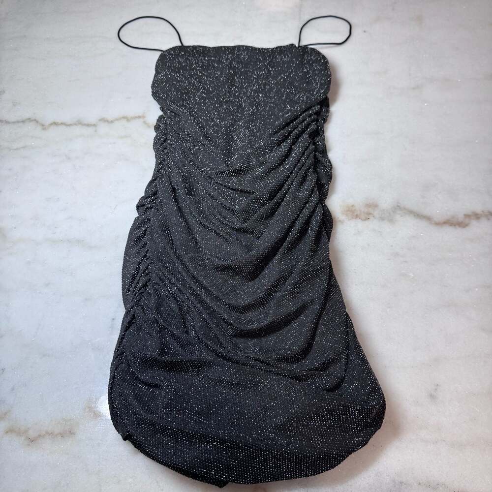Princess Polly Black Shimmer Ruched Mini Dress